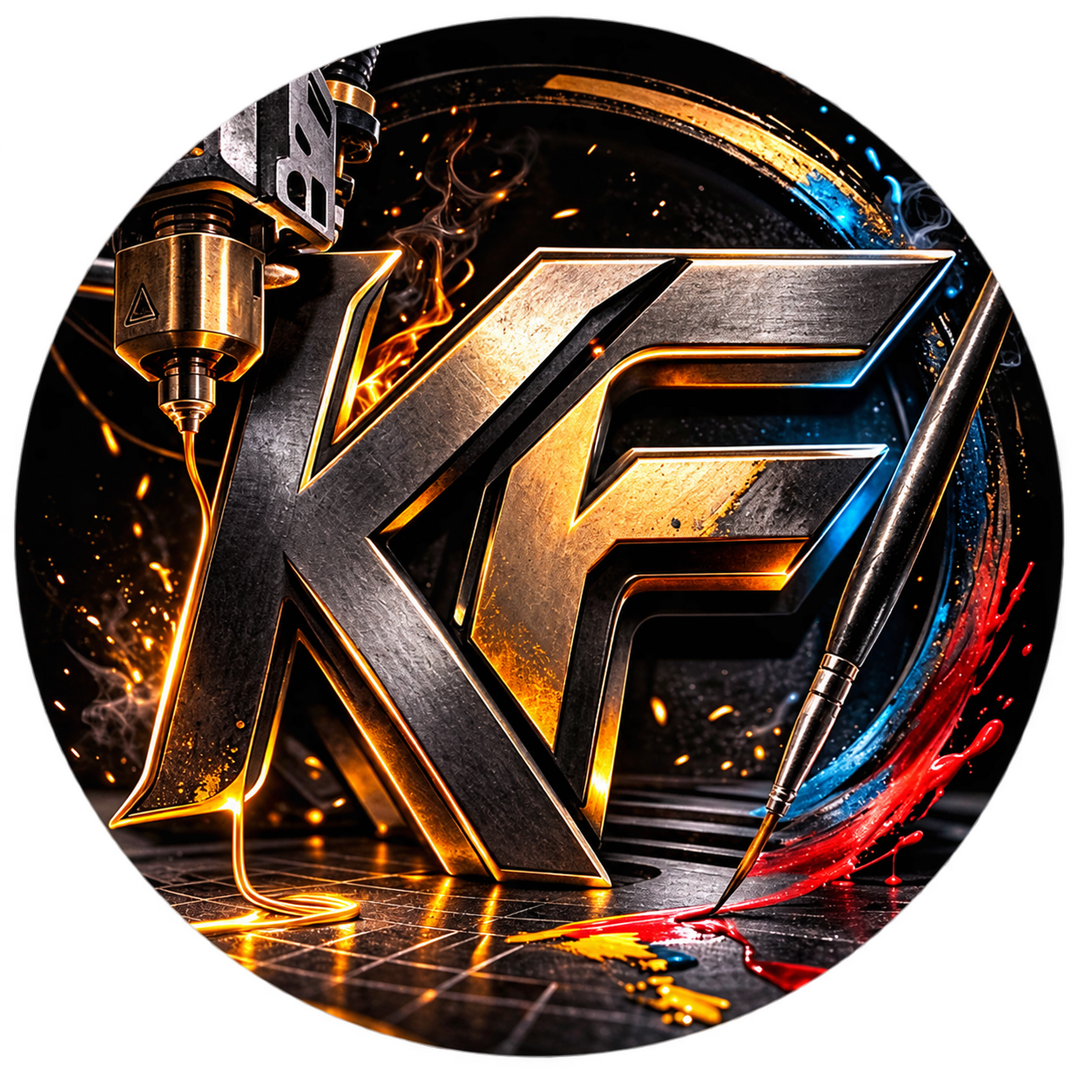 Logo KellForge: monograma KF com impressão 3D e arte
