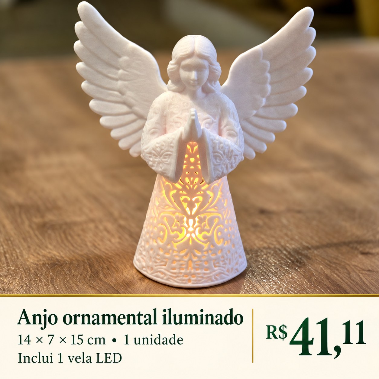 Anjo ornamental iluminado 15 cm com vela LED