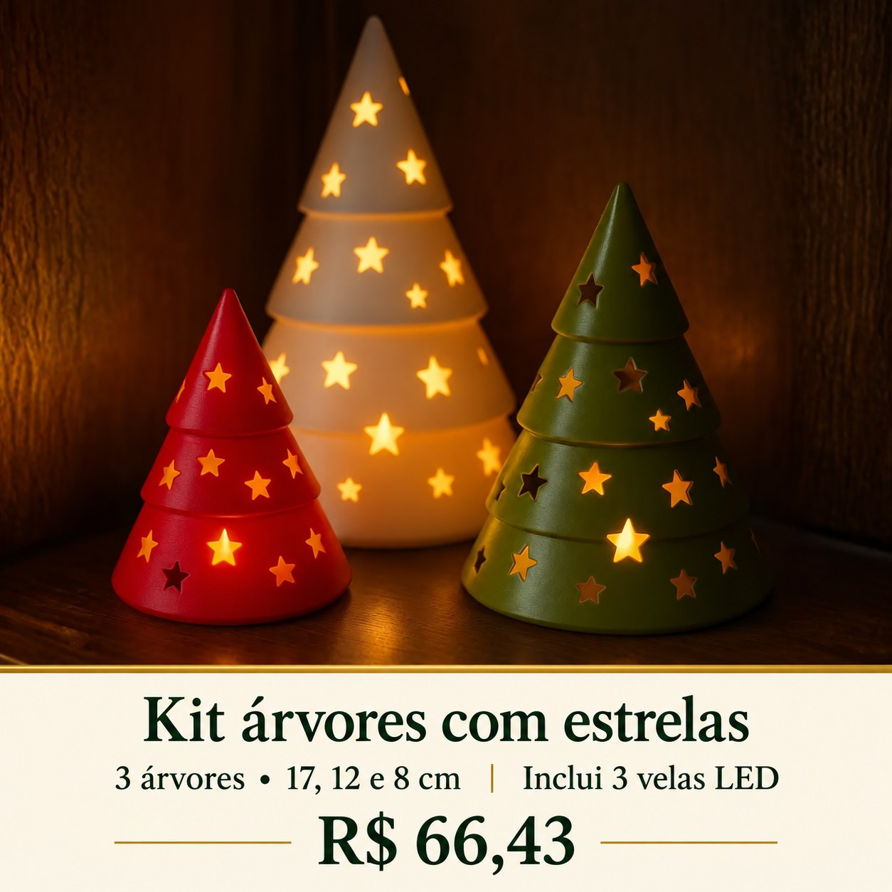 Kit 3 árvores de Natal com estrelas e 3 velas LED